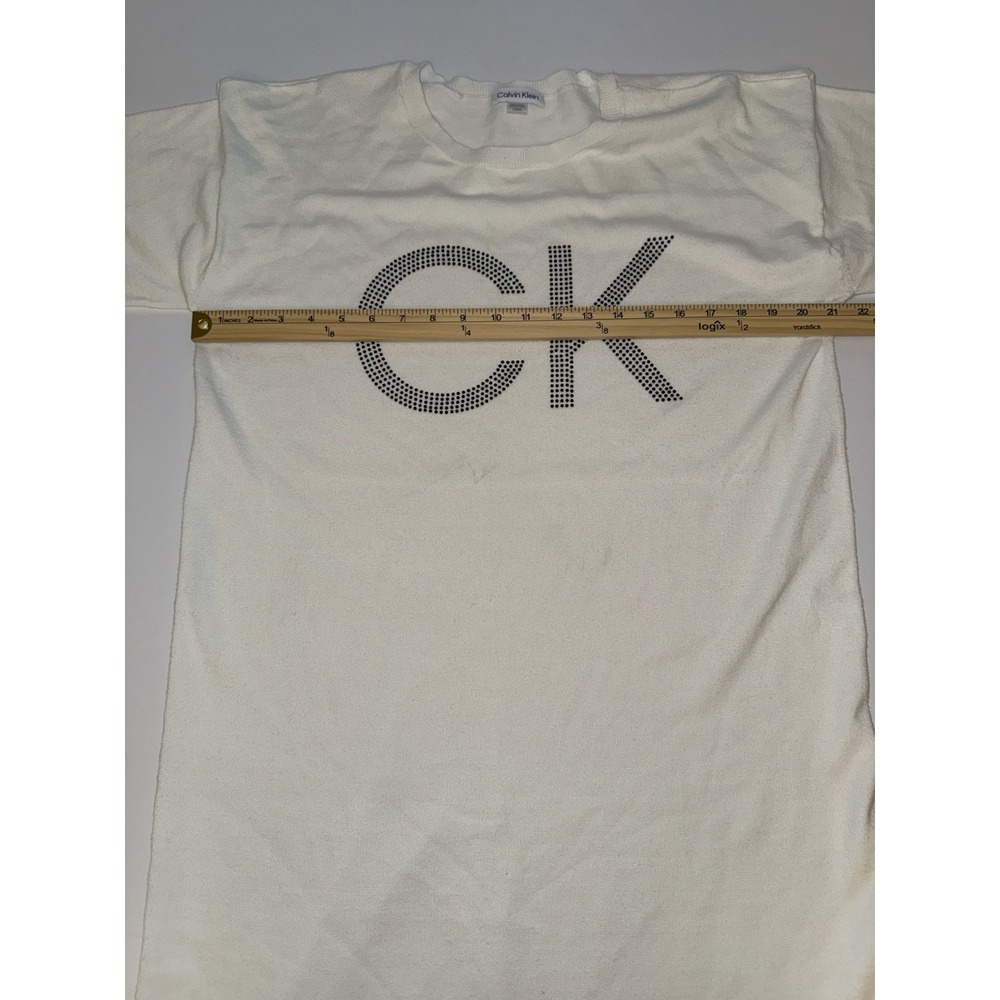 Calvin Klein Women Large Long Sleeve Shirt White CK Black Logo Letter NWT Flawed